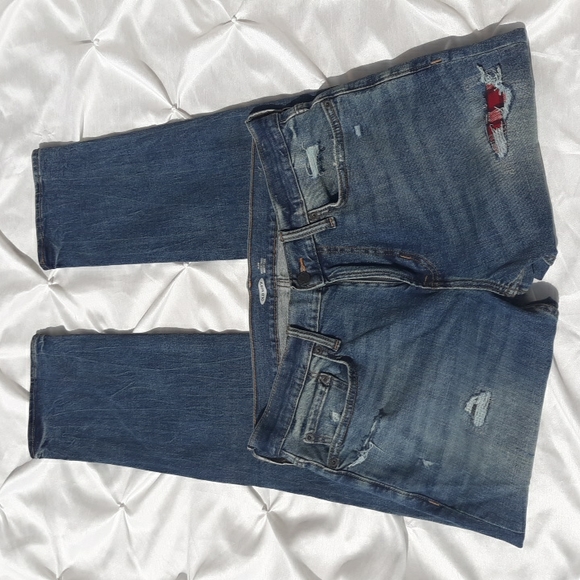 Old Navy Slim Built In Tough Flex 33x32 Distressed Plaid Patchwork Blue Jeans - Picture 3 of 17